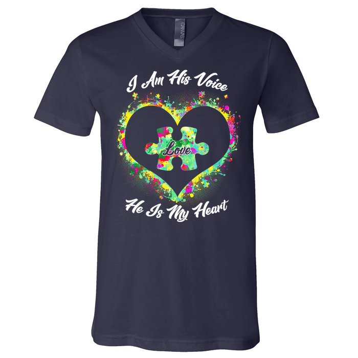 I Am His Voice He Is My Heart- Autism Awareness V-Neck T-Shirt