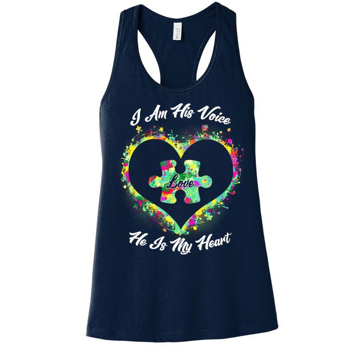 I Am His Voice He Is My Heart- Autism Awareness Women's Racerback Tank