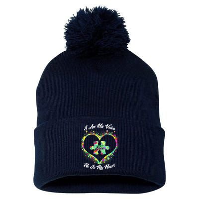 I Am His Voice He Is My Heart- Autism Awareness Pom Pom 12in Knit Beanie