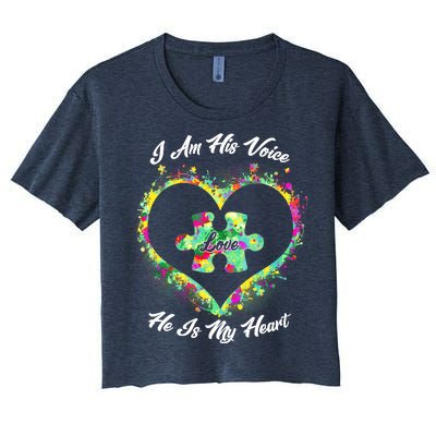 I Am His Voice He Is My Heart- Autism Awareness Women's Crop Top Tee