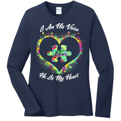 I Am His Voice He Is My Heart- Autism Awareness Ladies Long Sleeve Shirt