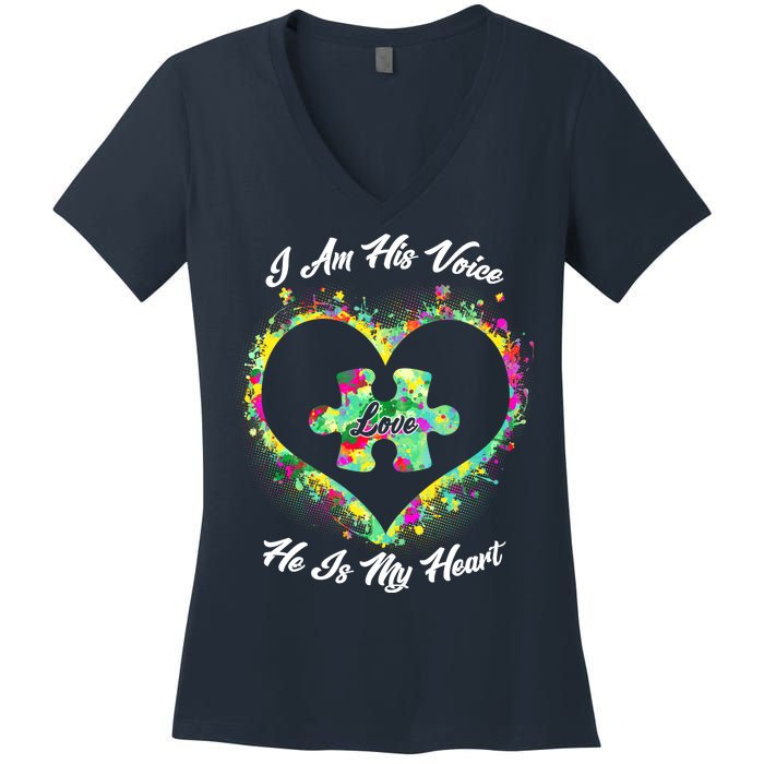 I Am His Voice He Is My Heart- Autism Awareness Women's V-Neck T-Shirt