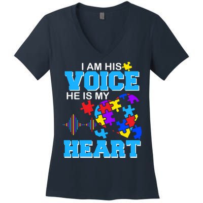 I Am His Voice He Is My Heart Autism Women's V-Neck T-Shirt