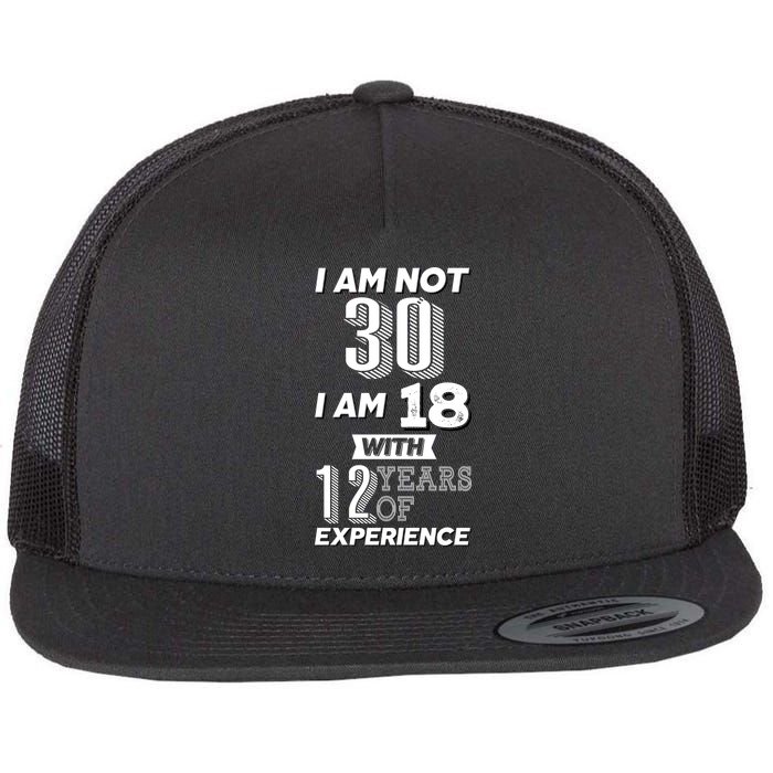 I Am Not 30 I Am 18 With 12 Years Of Experience 30th Birthday Flat Bill Trucker Hat