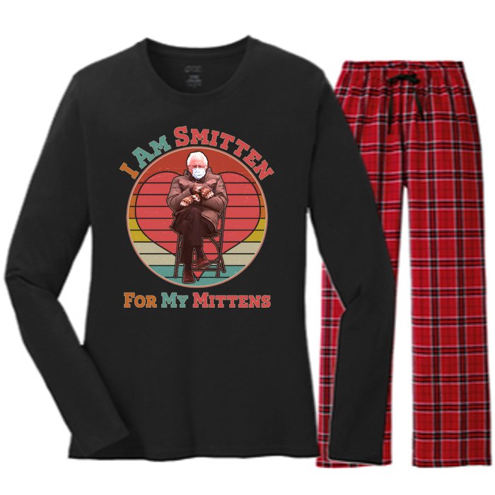 I Am Smitten For My Mittens Funny Bernie Sanders Meme Women's Long Sleeve Flannel Pajama Set 