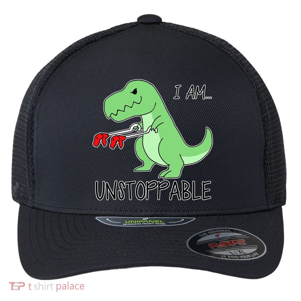 I Am Unstoppable Dinosaur Flexfit Unipanel Trucker Cap