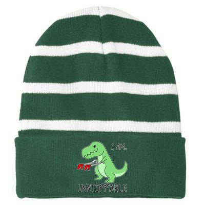 I Am Unstoppable Dinosaur Striped Beanie with Solid Band