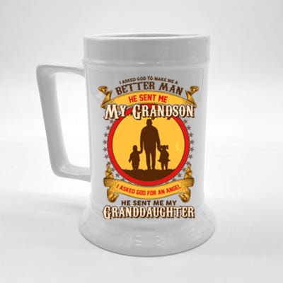 I Asked God to Make Me A Better Man Grandson Granddaughter Beer Stein