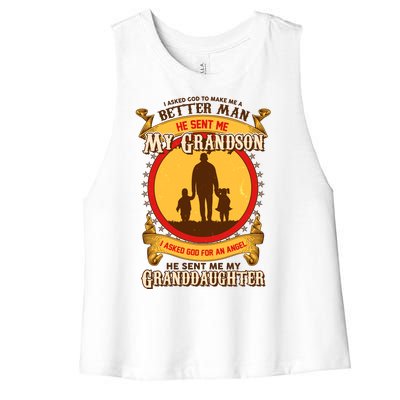 I Asked God to Make Me A Better Man Grandson Granddaughter Women's Racerback Cropped Tank