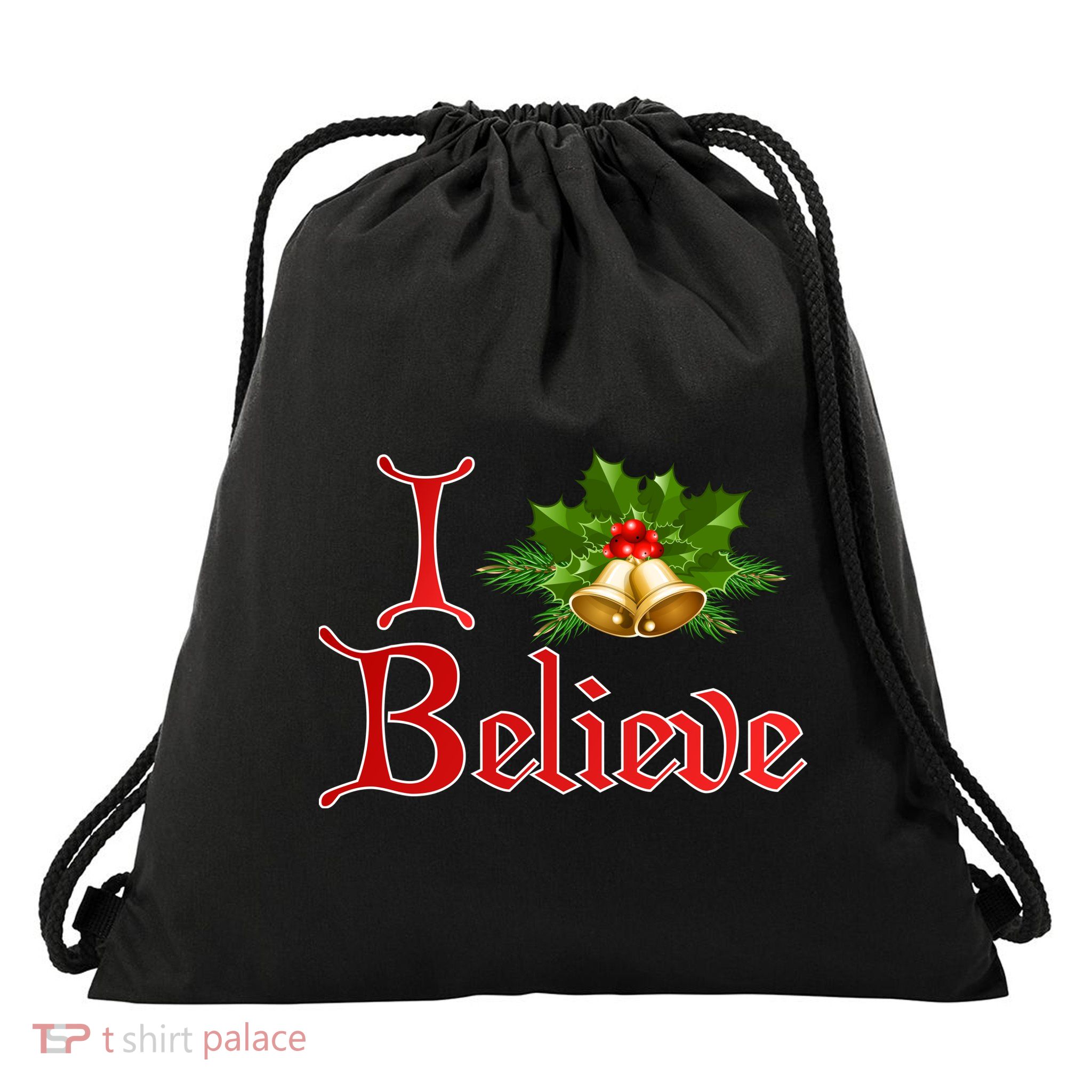 I Believe Christmas Bells Drawstring Bag