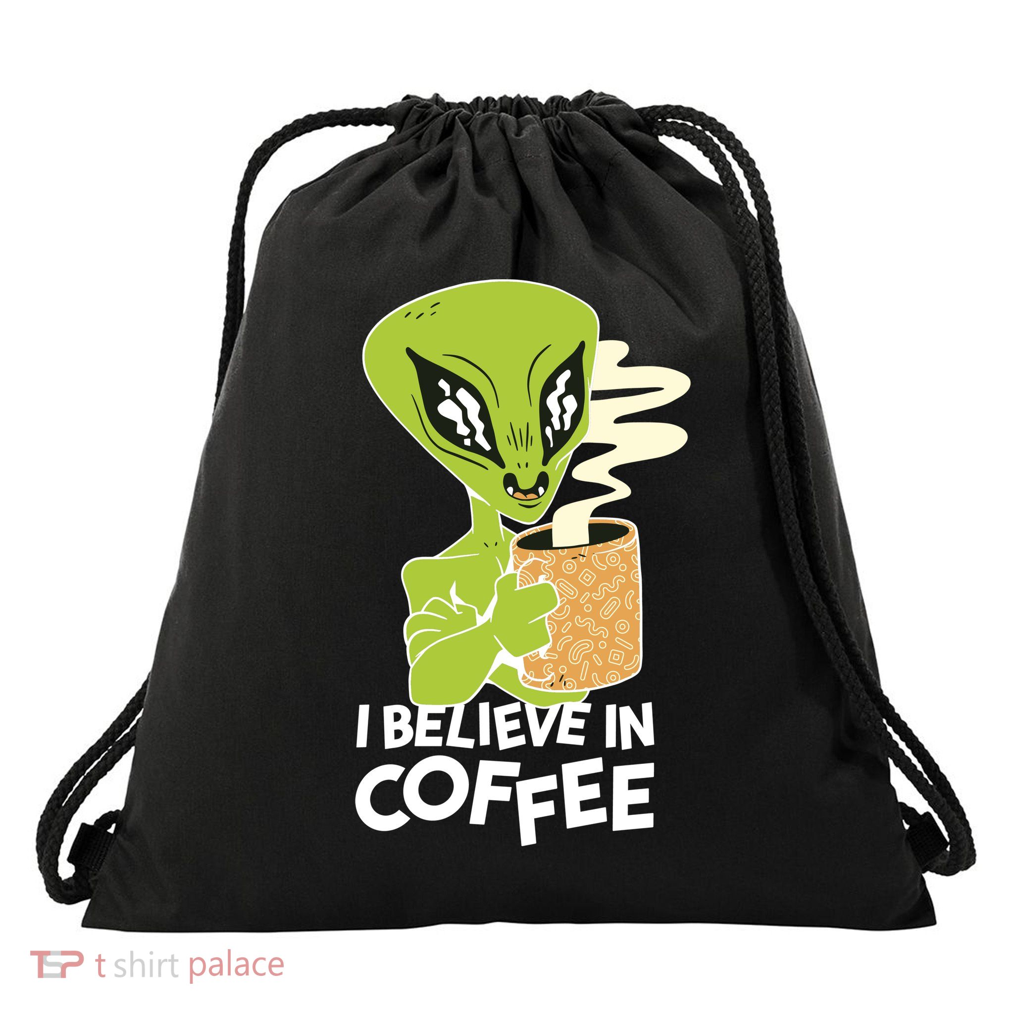 I Believe In Coffee Alien Drawstring Bag