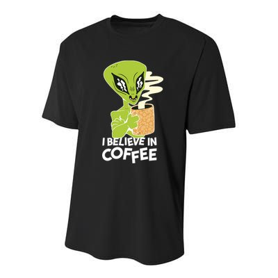 I Believe In Coffee Alien Youth Performance Sprint T-Shirt