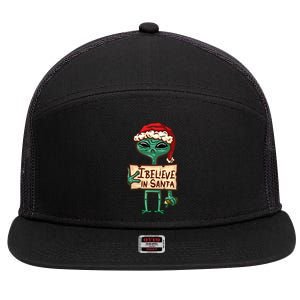 I Believe In Santa Funny Alien Christmas 7 Panel Mesh Trucker Snapback Hat