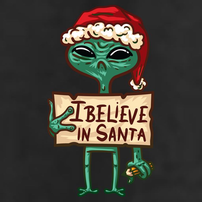 I Believe In Santa Funny Alien Christmas 7 Panel Mesh Trucker Snapback Hat