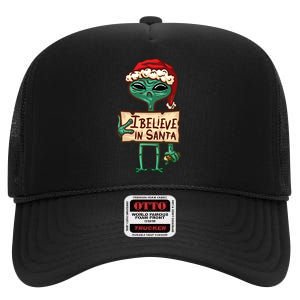 I Believe In Santa Funny Alien Christmas High Crown Mesh Back Trucker Hat