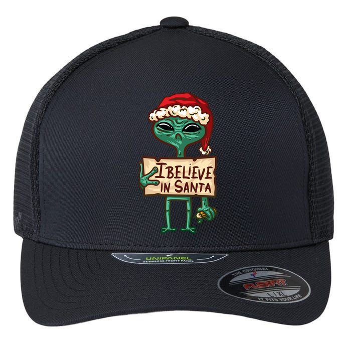 I Believe In Santa Funny Alien Christmas Flexfit Unipanel Trucker Cap