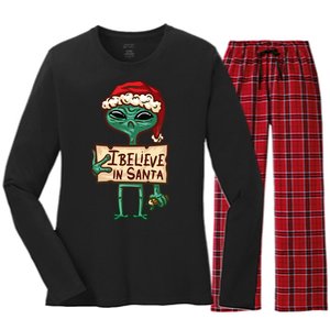 I Believe In Santa Funny Alien Christmas Women's Long Sleeve Flannel Pajama Set 