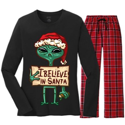 I Believe In Santa Funny Alien Christmas Women's Long Sleeve Flannel Pajama Set 