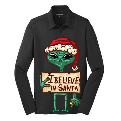 I Believe In Santa Funny Alien Christmas Silk Touch Performance Long Sleeve Polo