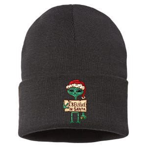 I Believe In Santa Funny Alien Christmas Sustainable Knit Beanie