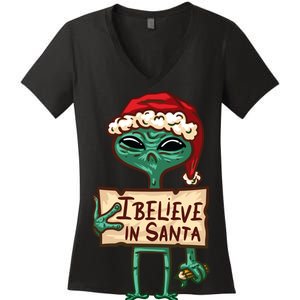 I Believe In Santa Funny Alien Christmas Women's V-Neck T-Shirt