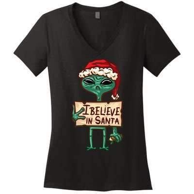 I Believe In Santa Funny Alien Christmas Women's V-Neck T-Shirt