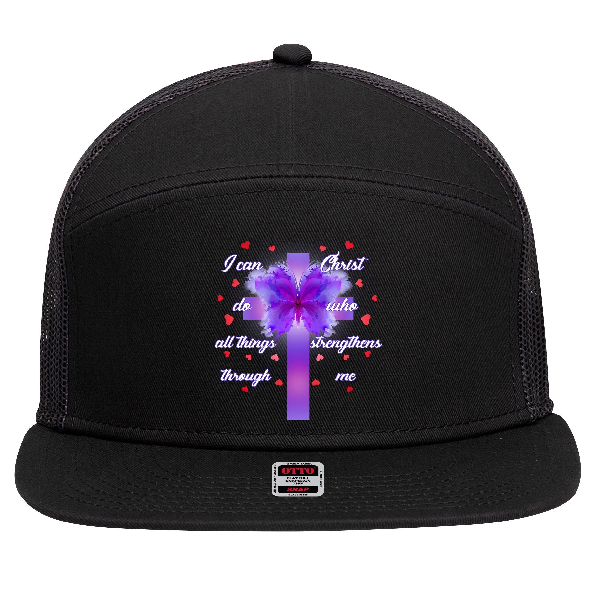 I Can Do All Things Through Christ Butterfly Cross 7 Panel Mesh Trucker Snapback Hat
