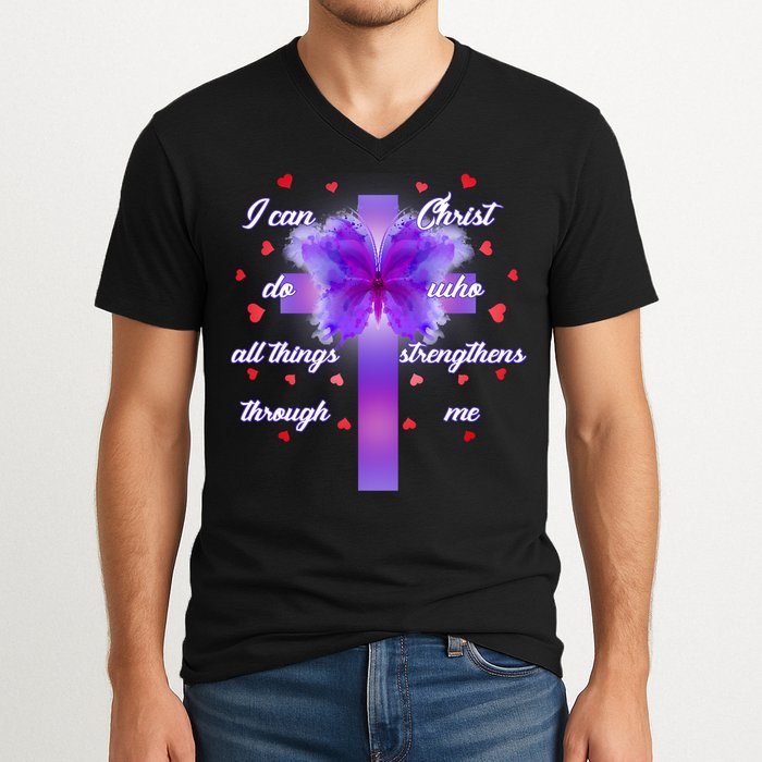 I Can Do All Things Through Christ Butterfly Cross V-Neck T-Shirt