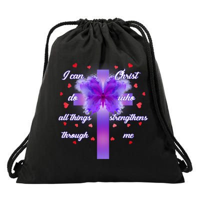 I Can Do All Things Through Christ Butterfly Cross Drawstring Bag