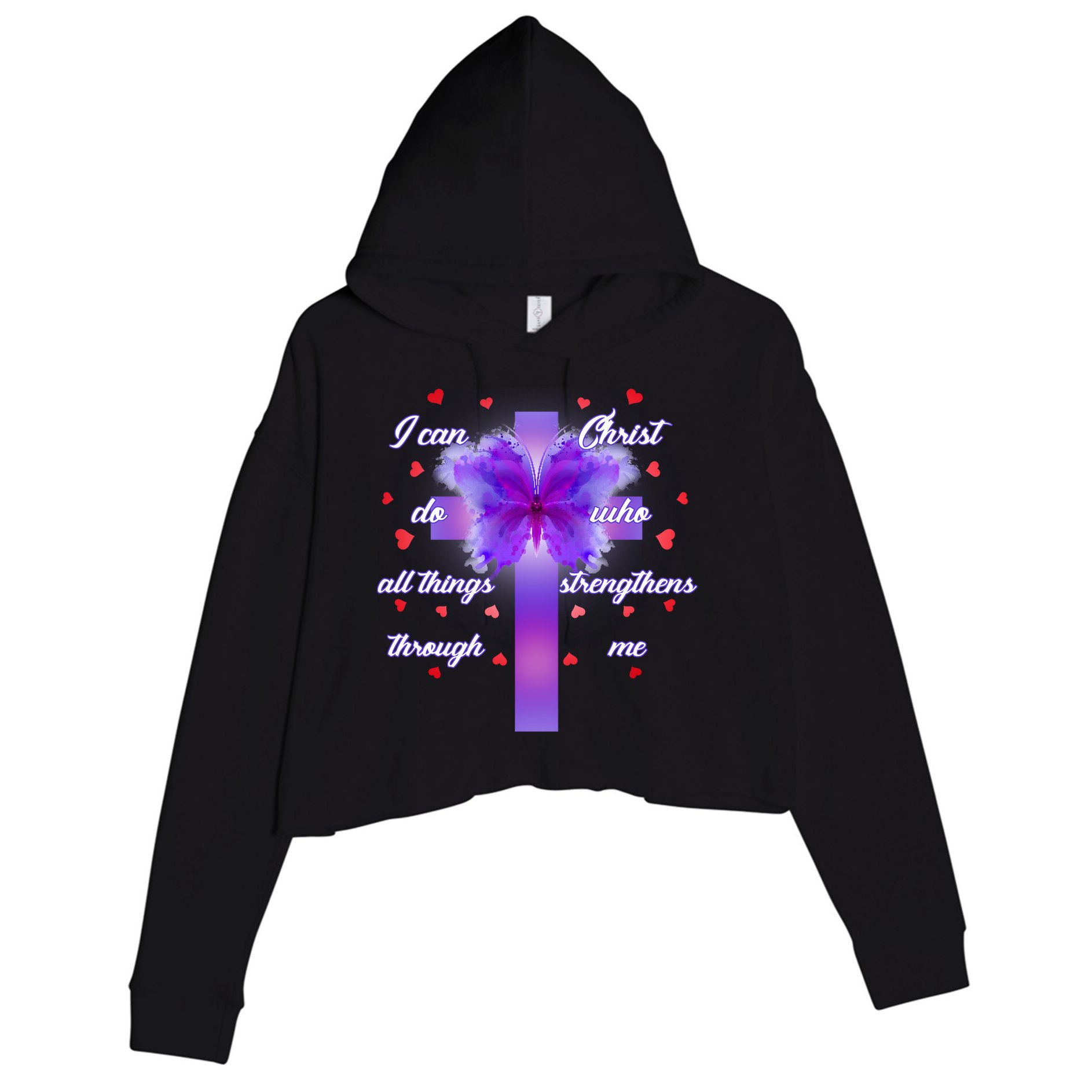 I Can Do All Things Through Christ Butterfly Cross Crop Fleece Hoodie