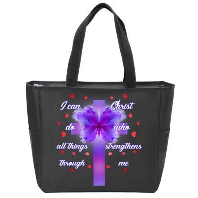 I Can Do All Things Through Christ Butterfly Cross Zip Tote Bag