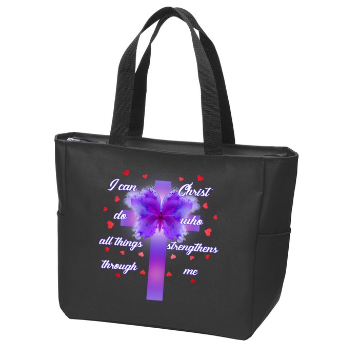 I Can Do All Things Through Christ Butterfly Cross Zip Tote Bag