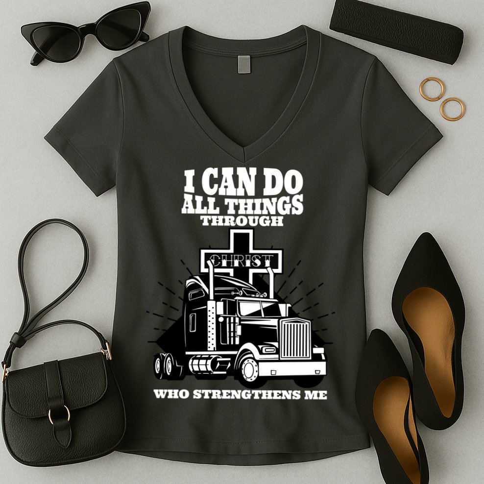 I Can Do All Things Through Christ Truck Driver Women's V-Neck T-Shirt