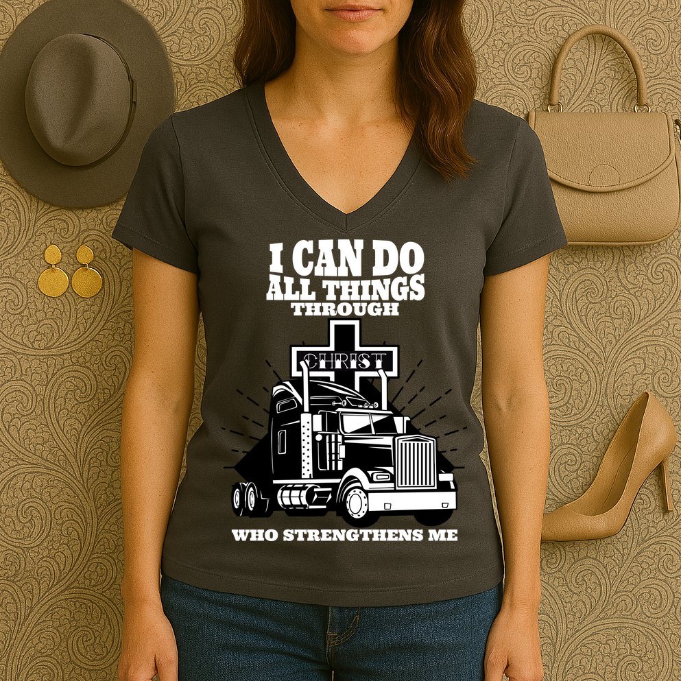 I Can Do All Things Through Christ Truck Driver Women's V-Neck T-Shirt