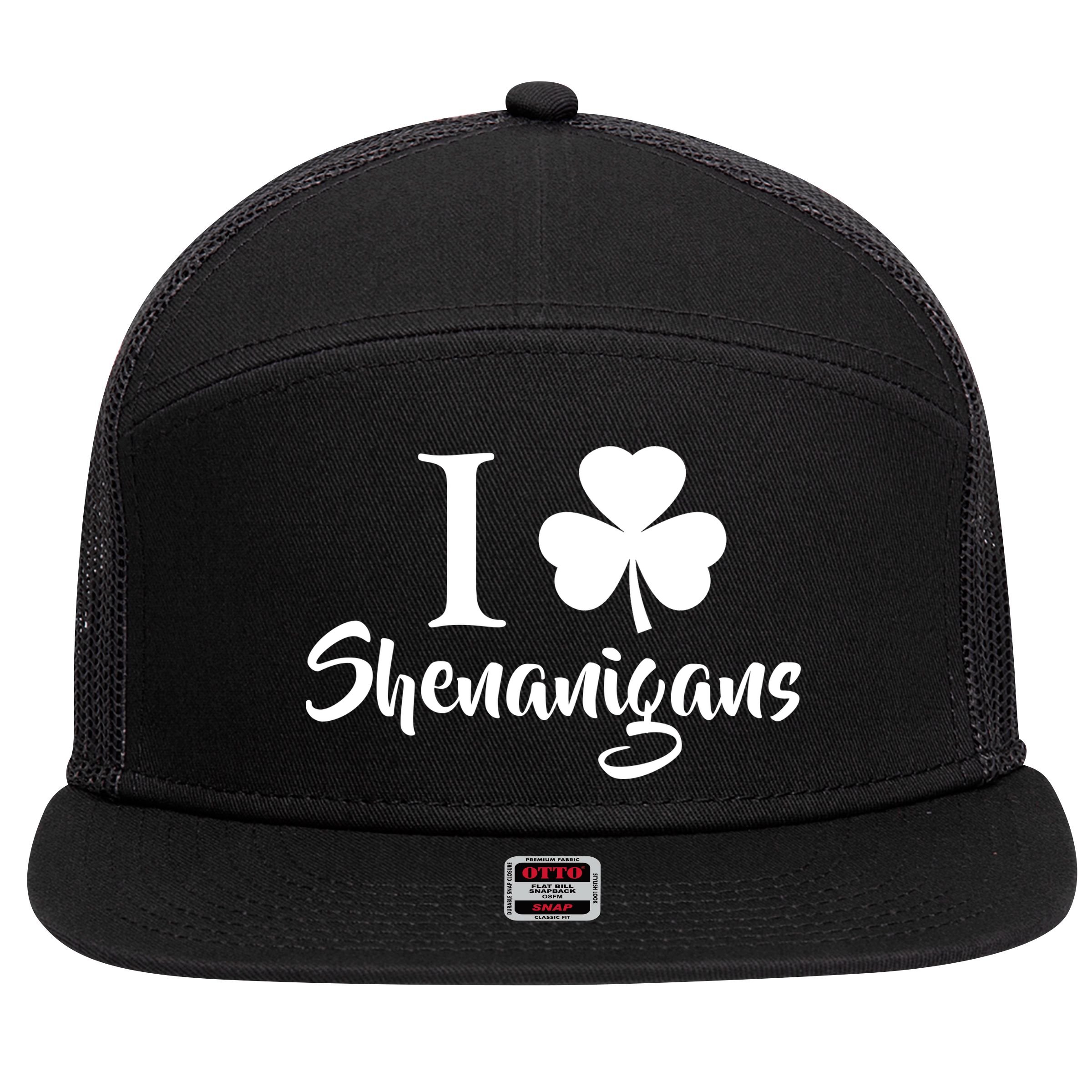 I Clover Shenanigans Irish Shamrock 7 Panel Mesh Trucker Snapback Hat