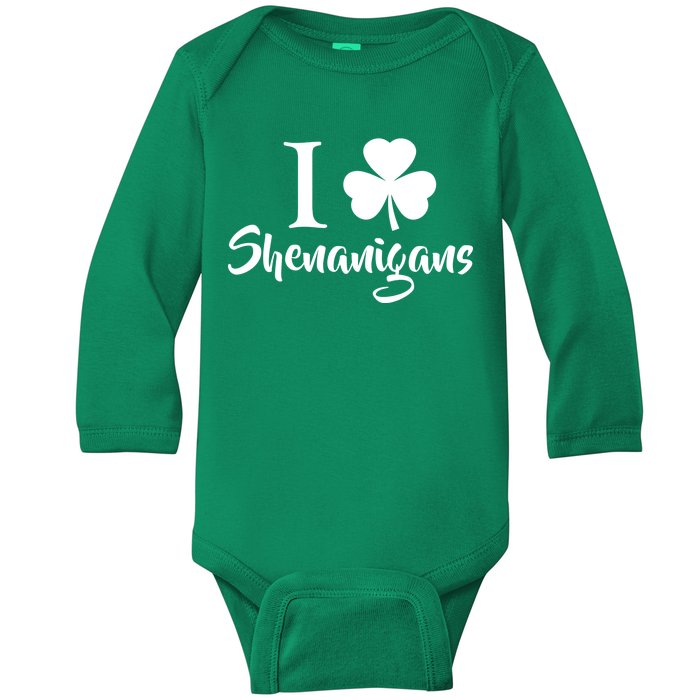 I Clover Shenanigans Irish Shamrock Baby Long Sleeve Bodysuit