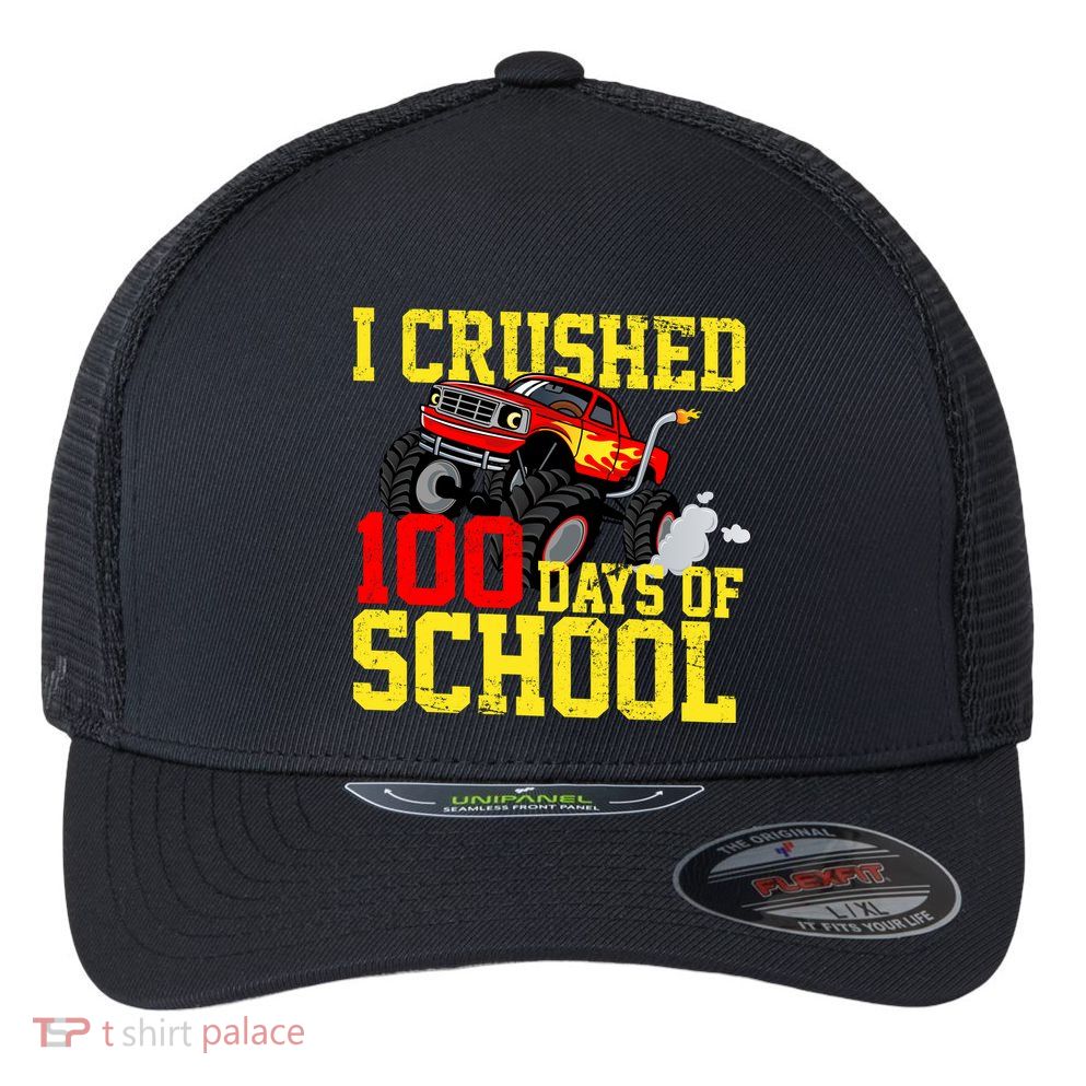 I Crushed 100 Days Of School Monster Truck Flexfit Unipanel Trucker Cap