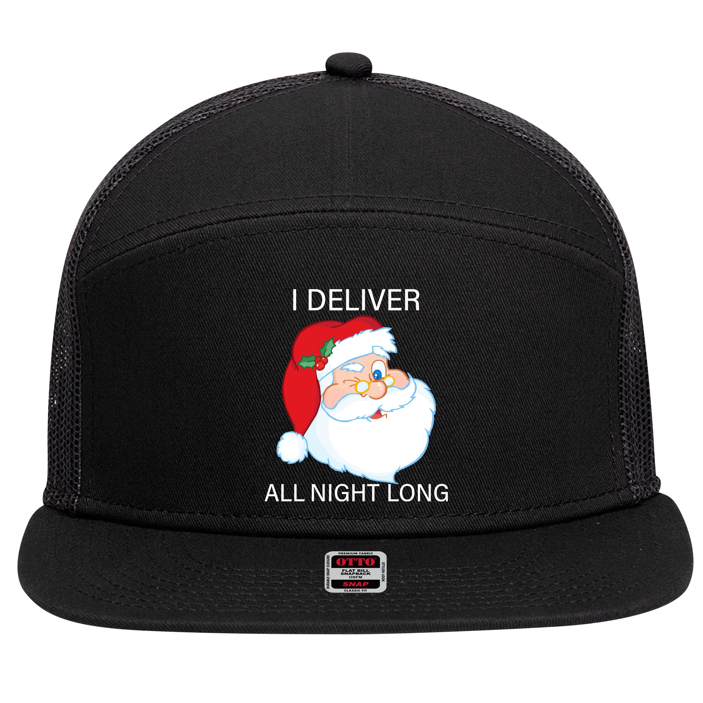 I Deliver All Night Long Funny Santa 7 Panel Mesh Trucker Snapback Hat