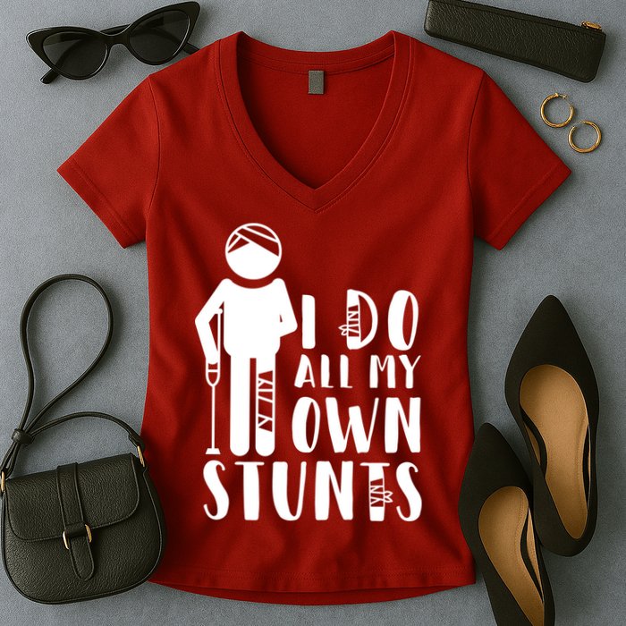 I Do All My Own Stunts Stick Figure Women's V-Neck T-Shirt