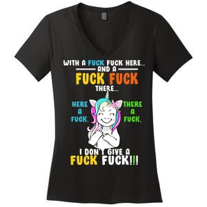 I Don't Give A Fuck Fuck Offensive Funny Unicorn Women's V-Neck T-Shirt