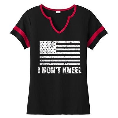 I Dont Kneel Distressed USA Flag Ladies Halftime Notch Neck Tee