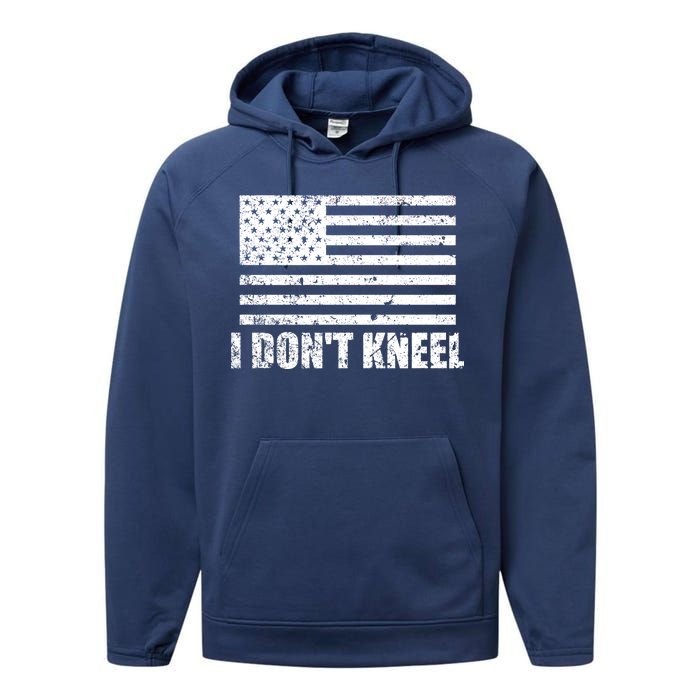 I Dont Kneel Distressed USA Flag Performance Fleece Hoodie