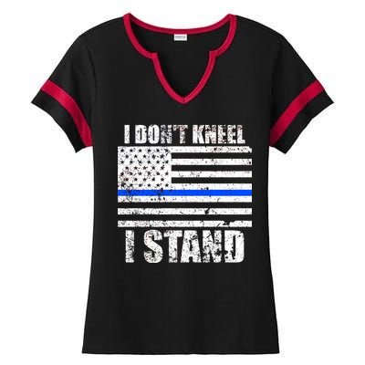 I Dont Kneel I Stand USA Blue Line Flag Ladies Halftime Notch Neck Tee