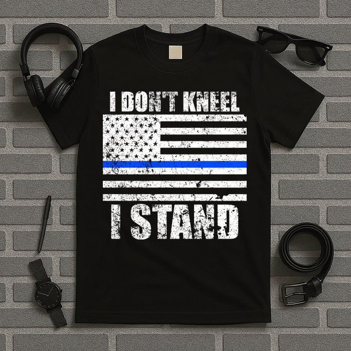 I Dont Kneel I Stand USA Blue Line Flag T-Shirt