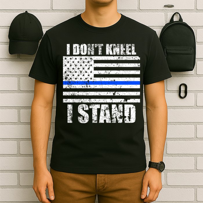 I Dont Kneel I Stand USA Blue Line Flag T-Shirt