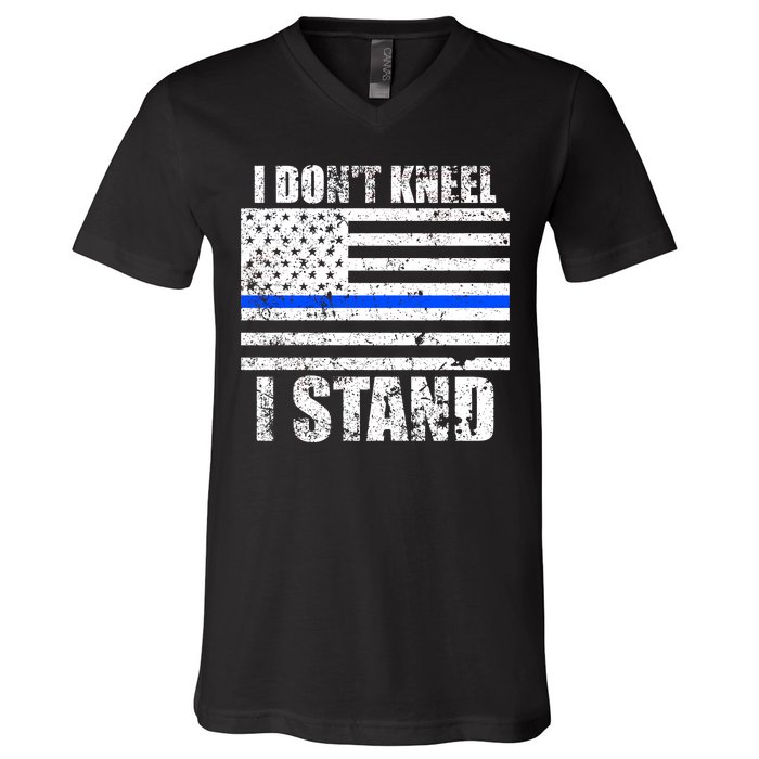 I Dont Kneel I Stand USA Blue Line Flag V-Neck T-Shirt