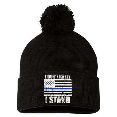 I Dont Kneel I Stand USA Blue Line Flag Pom Pom 12in Knit Beanie