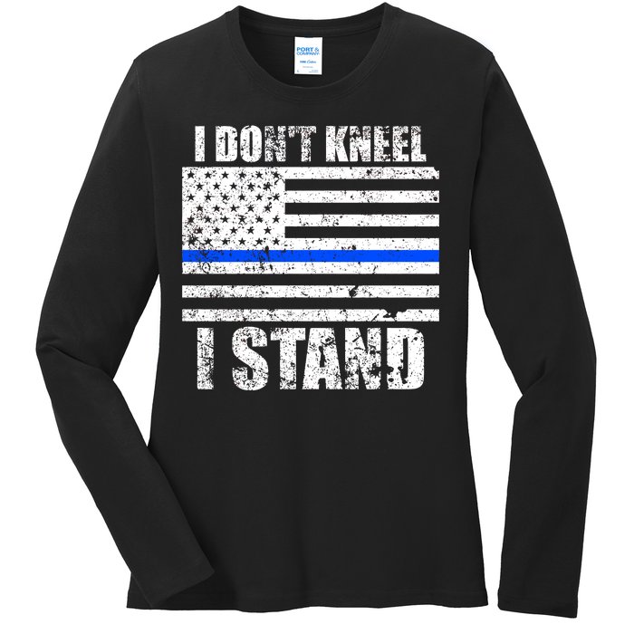 I Dont Kneel I Stand USA Blue Line Flag Ladies Long Sleeve Shirt