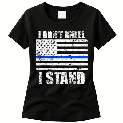 I Dont Kneel I Stand USA Blue Line Flag Womens T-Shirt