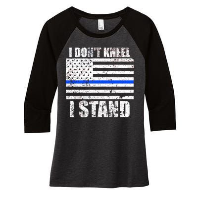 I Dont Kneel I Stand USA Blue Line Flag Women's Tri-Blend 3/4-Sleeve Raglan Shirt